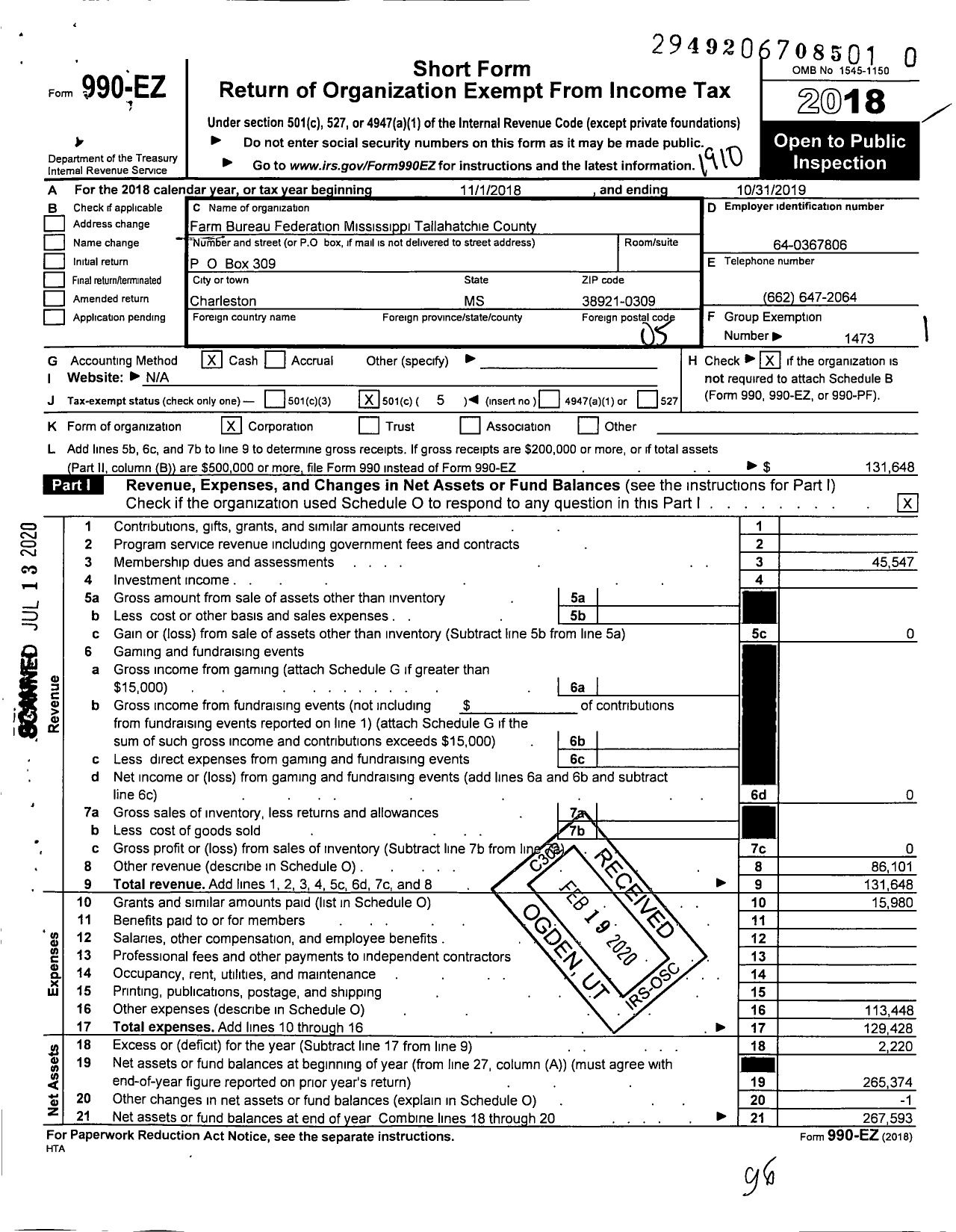 Image of first page of 2018 Form 990EO for Mississippi Farm Bureau Federation - Tallahatchie County