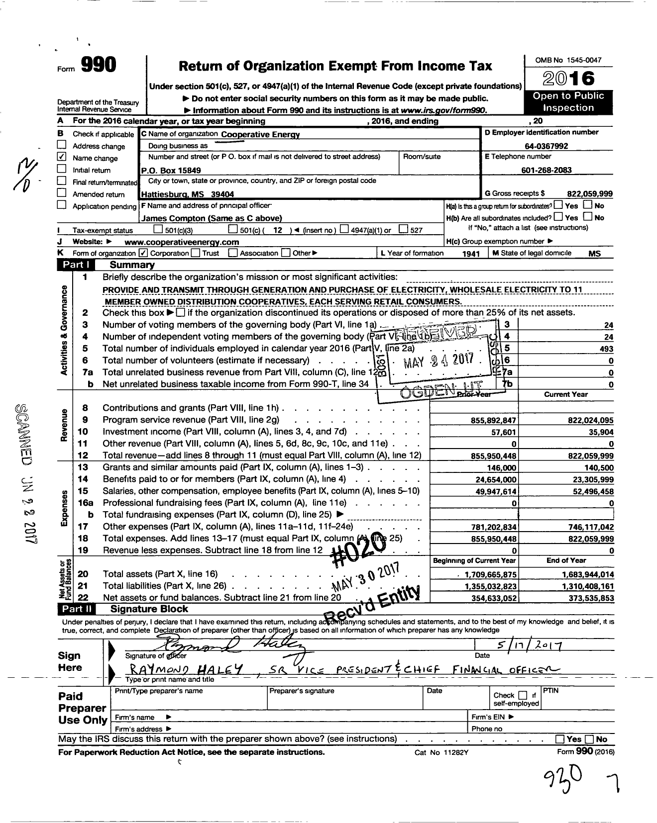 Image of first page of 2016 Form 990O for Cooperative Energy