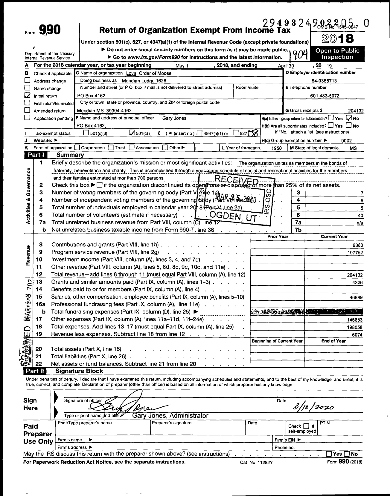 Image of first page of 2018 Form 990O for Loyal Order of Moose - 1628