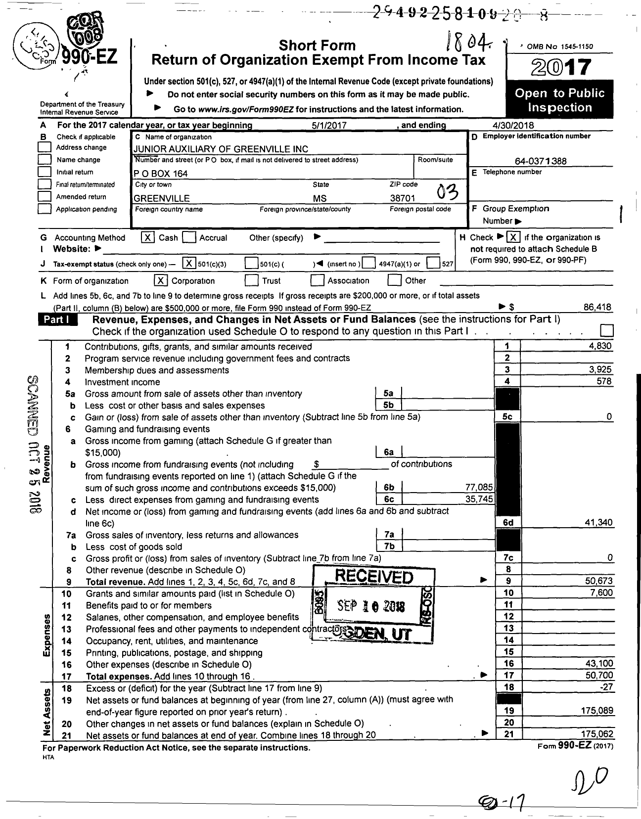 Image of first page of 2017 Form 990EZ for Junior Auxiliary of Greenville