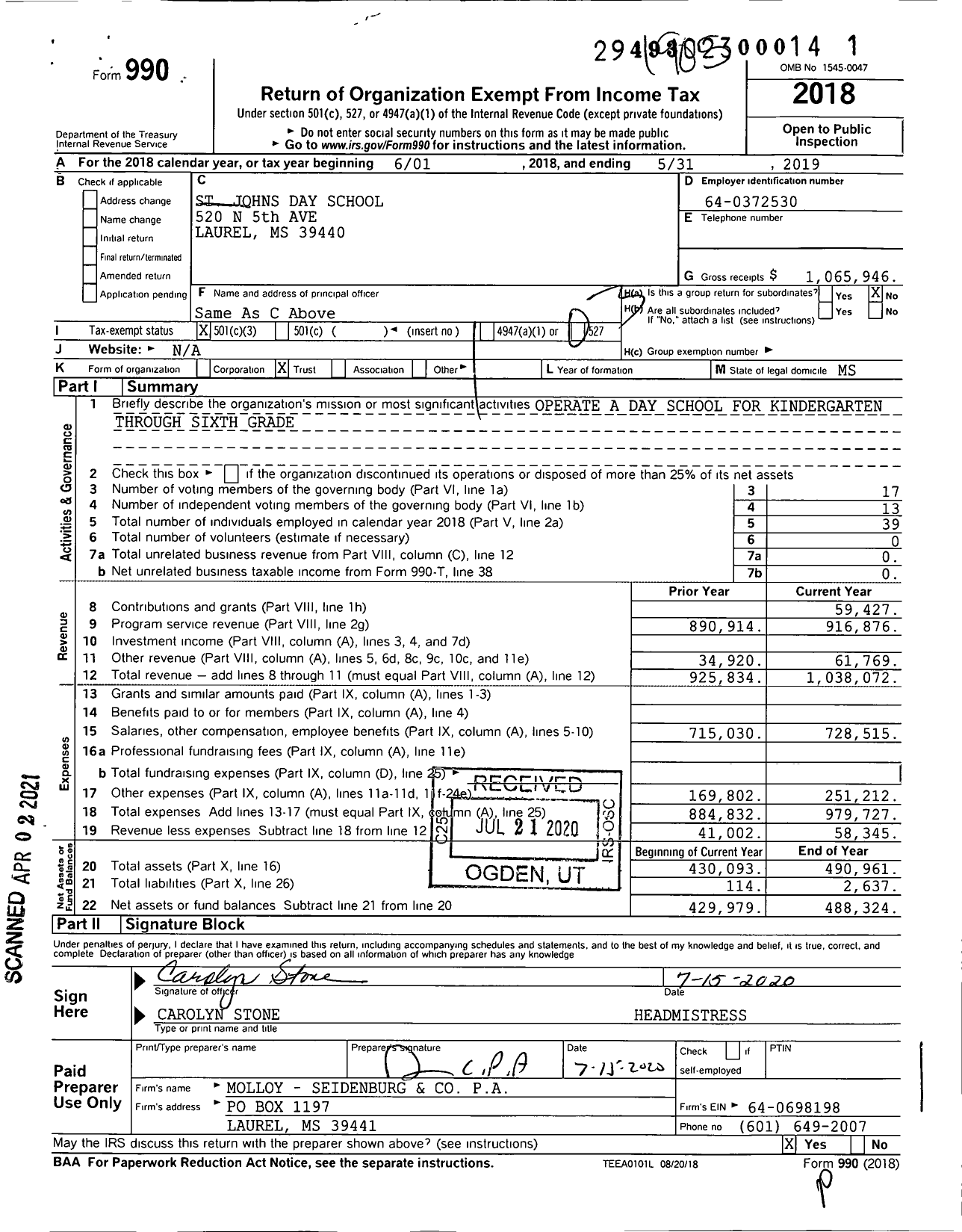 Image of first page of 2018 Form 990 for St Johns Day School