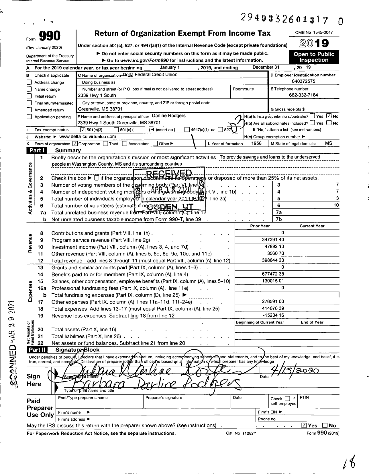 Image of first page of 2019 Form 990 for Delta Federal Credit Union