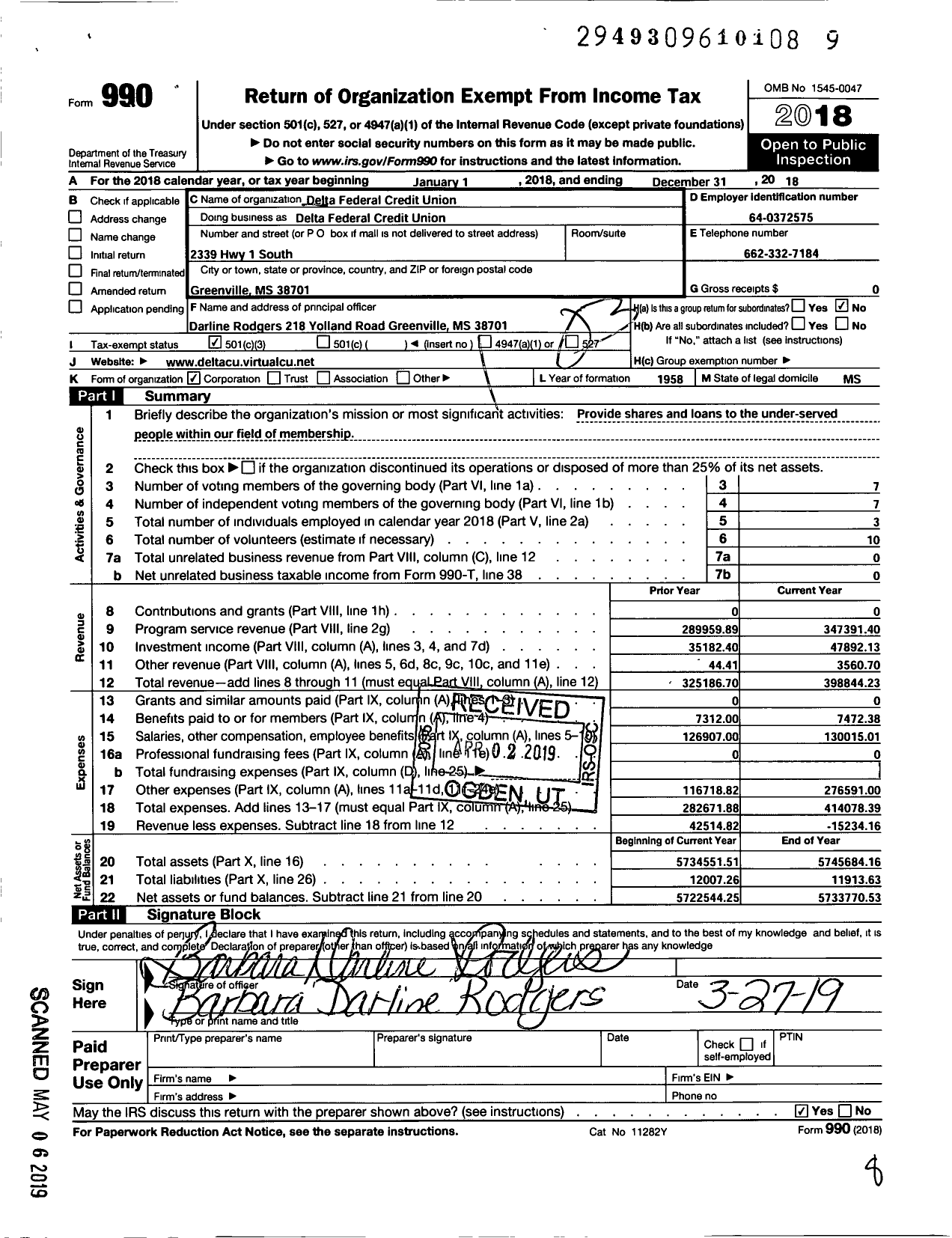 Image of first page of 2018 Form 990 for Delta Federal Credit Union