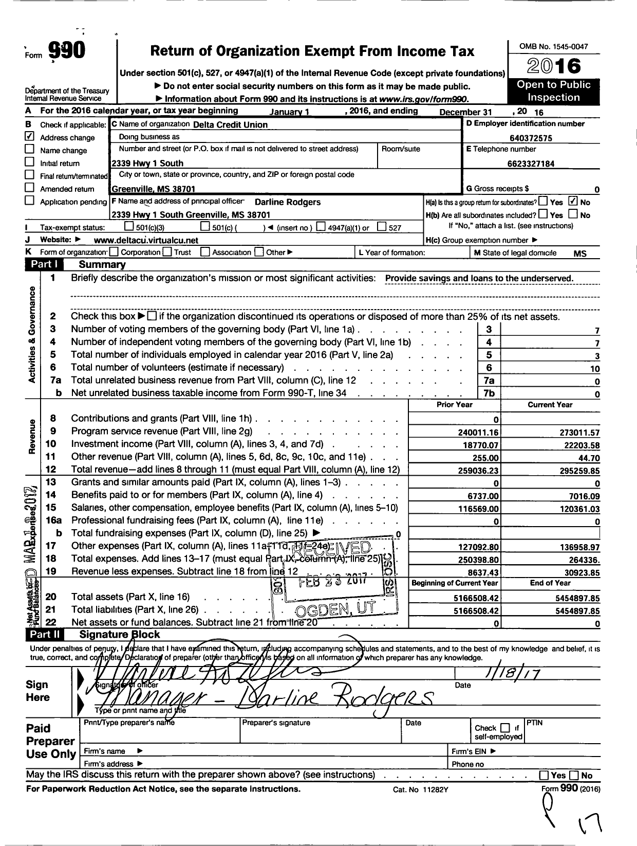 Image of first page of 2016 Form 990O for Delta Federal Credit Union