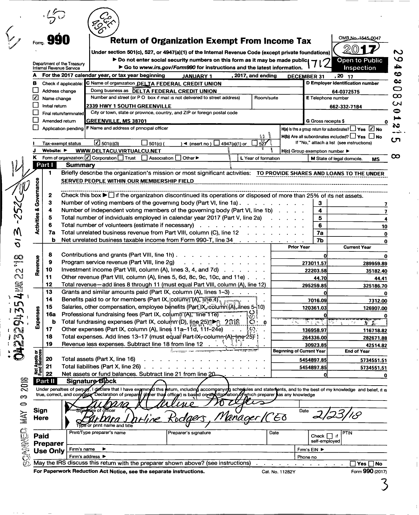 Image of first page of 2017 Form 990O for Delta Federal Credit Union