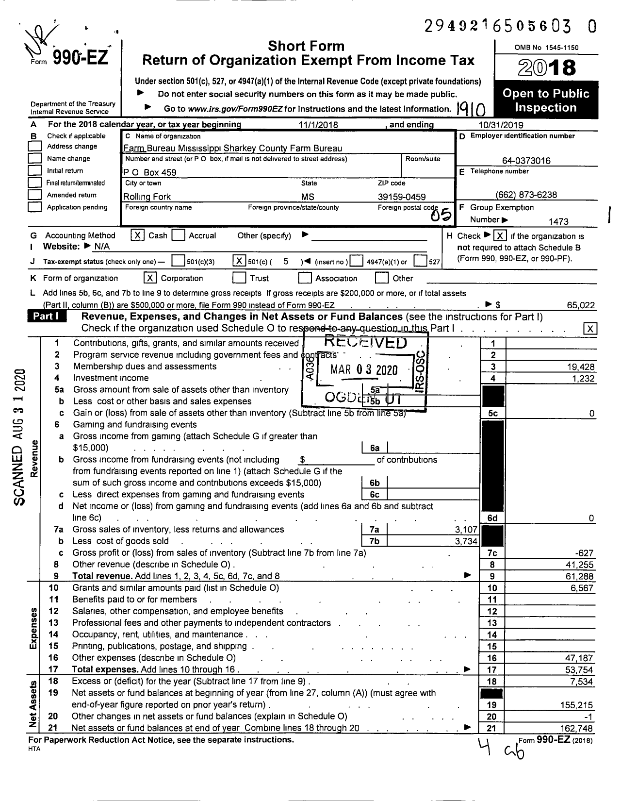 Image of first page of 2018 Form 990EO for Mississippi Farm Bureau Federation - Sharkey County Farm Bureau