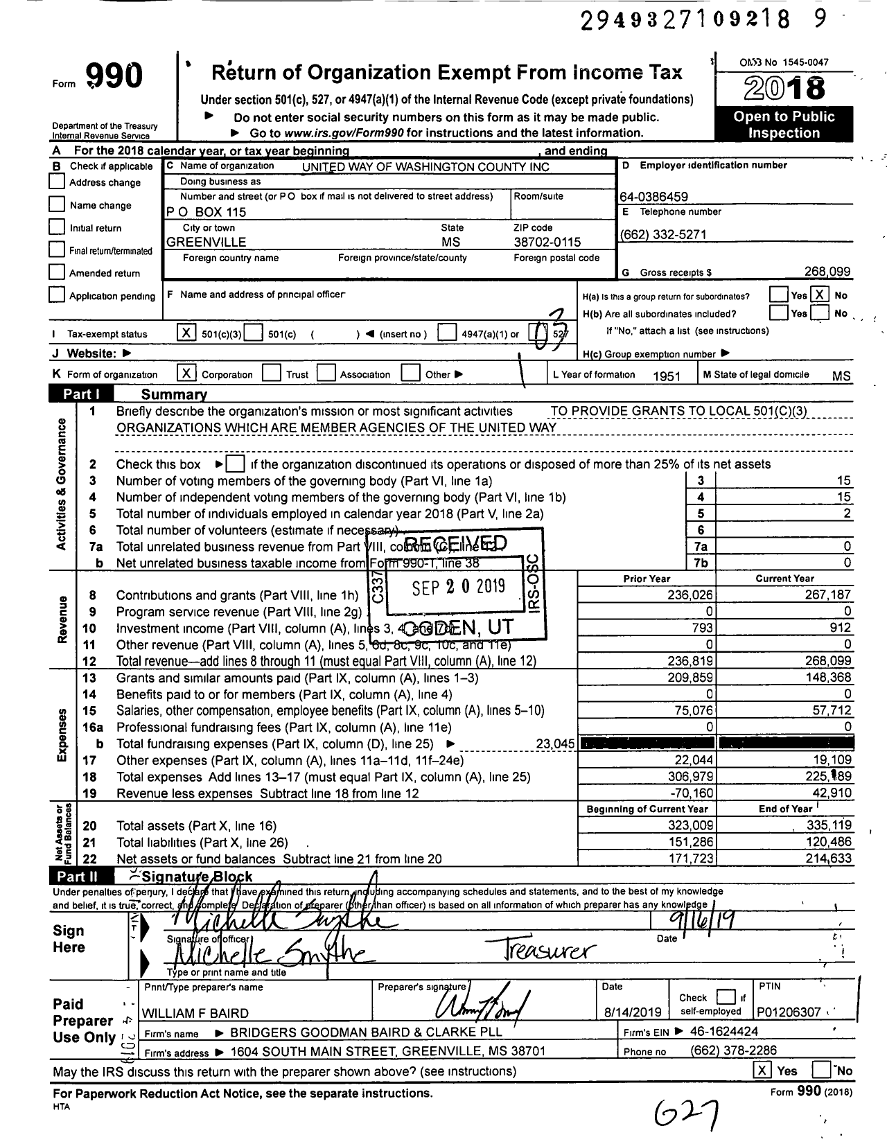 Image of first page of 2018 Form 990 for United Way of Washington County