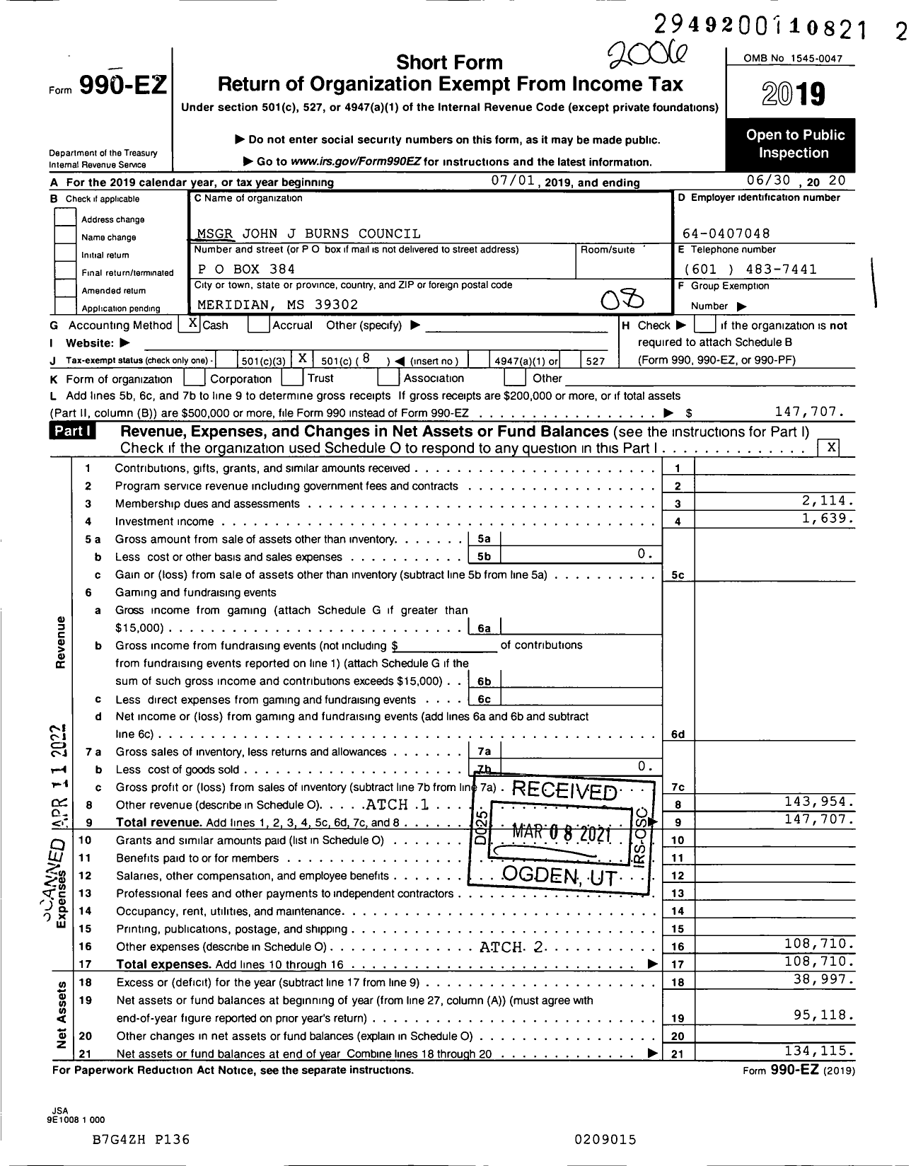 Image of first page of 2019 Form 990EO for Knights of Columbus - 802 Council MSGR JJ Burns