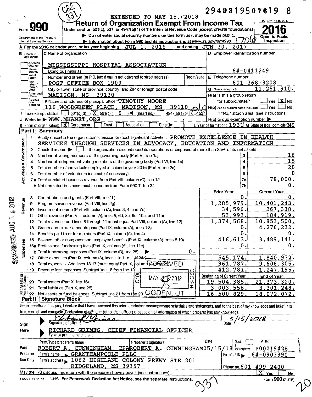 Image of first page of 2016 Form 990O for Mississippi Hospital Association