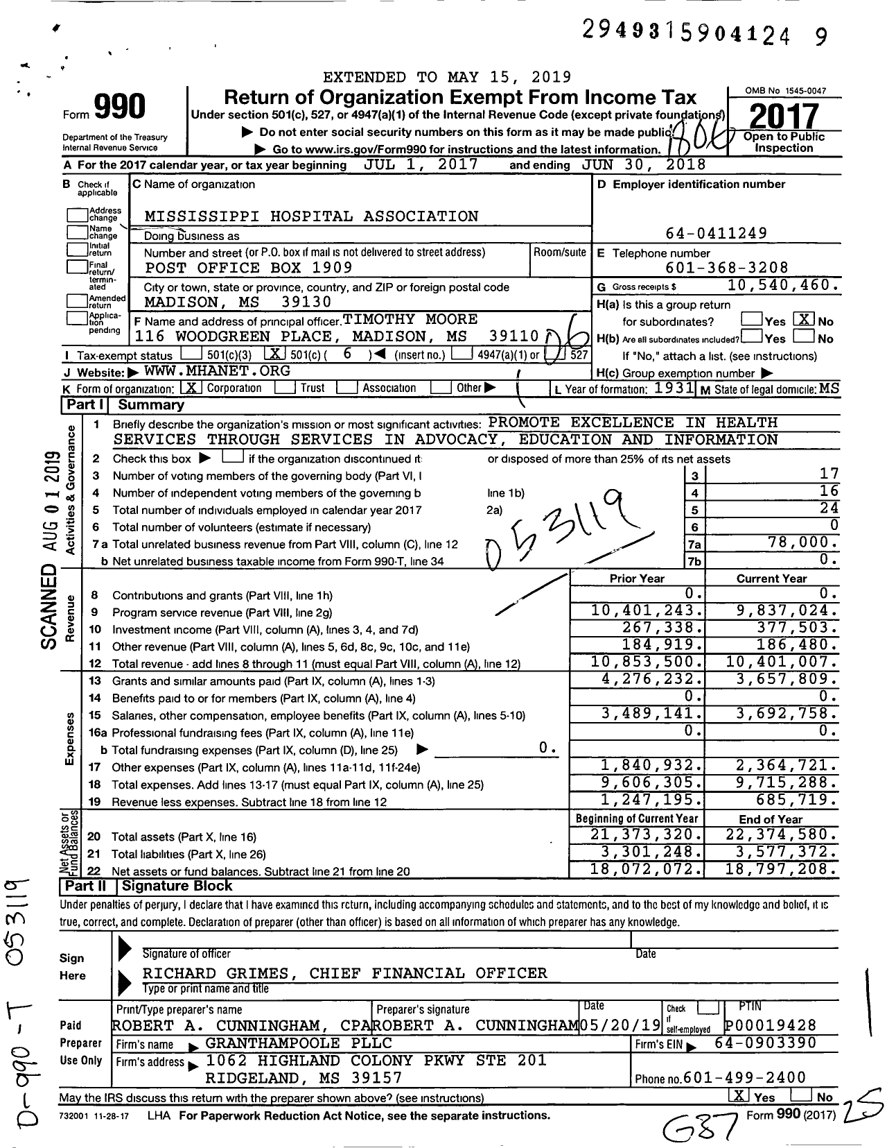 Image of first page of 2017 Form 990O for Mississippi Hospital Association