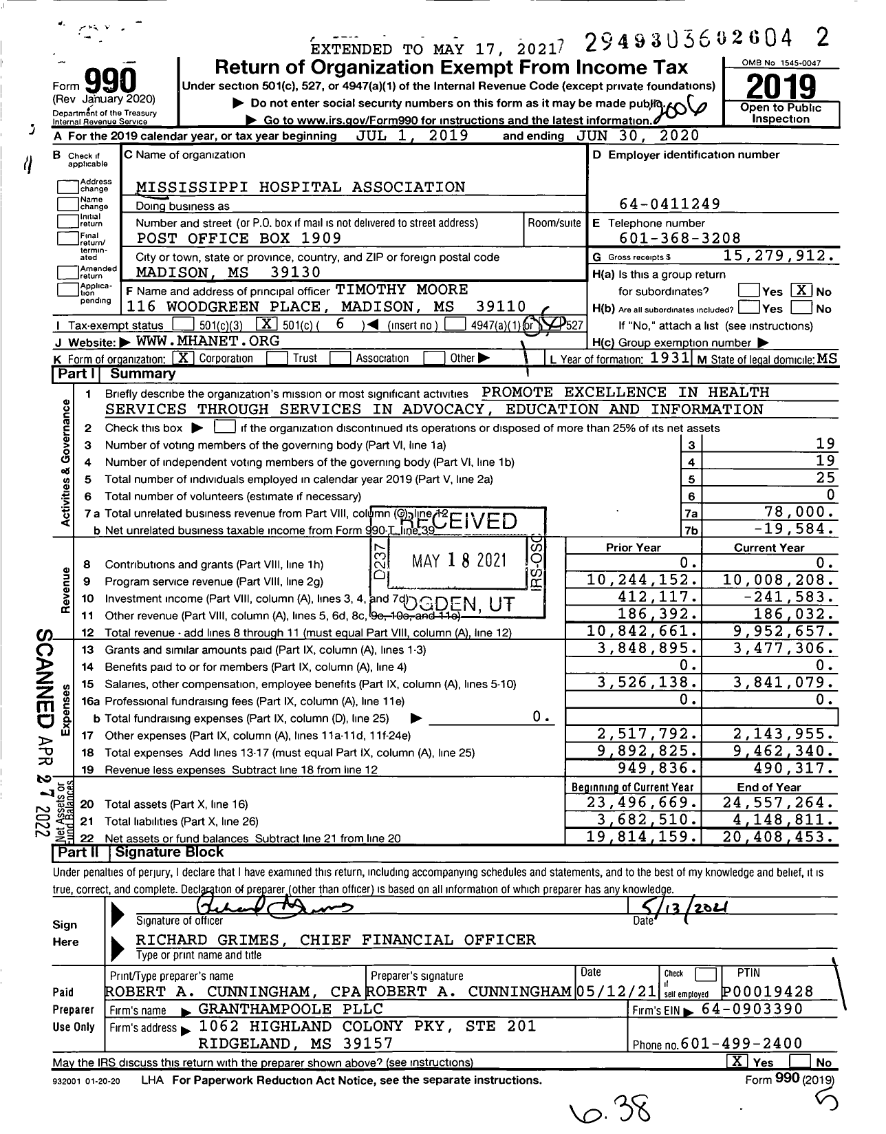 Image of first page of 2019 Form 990O for Mississippi Hospital Association