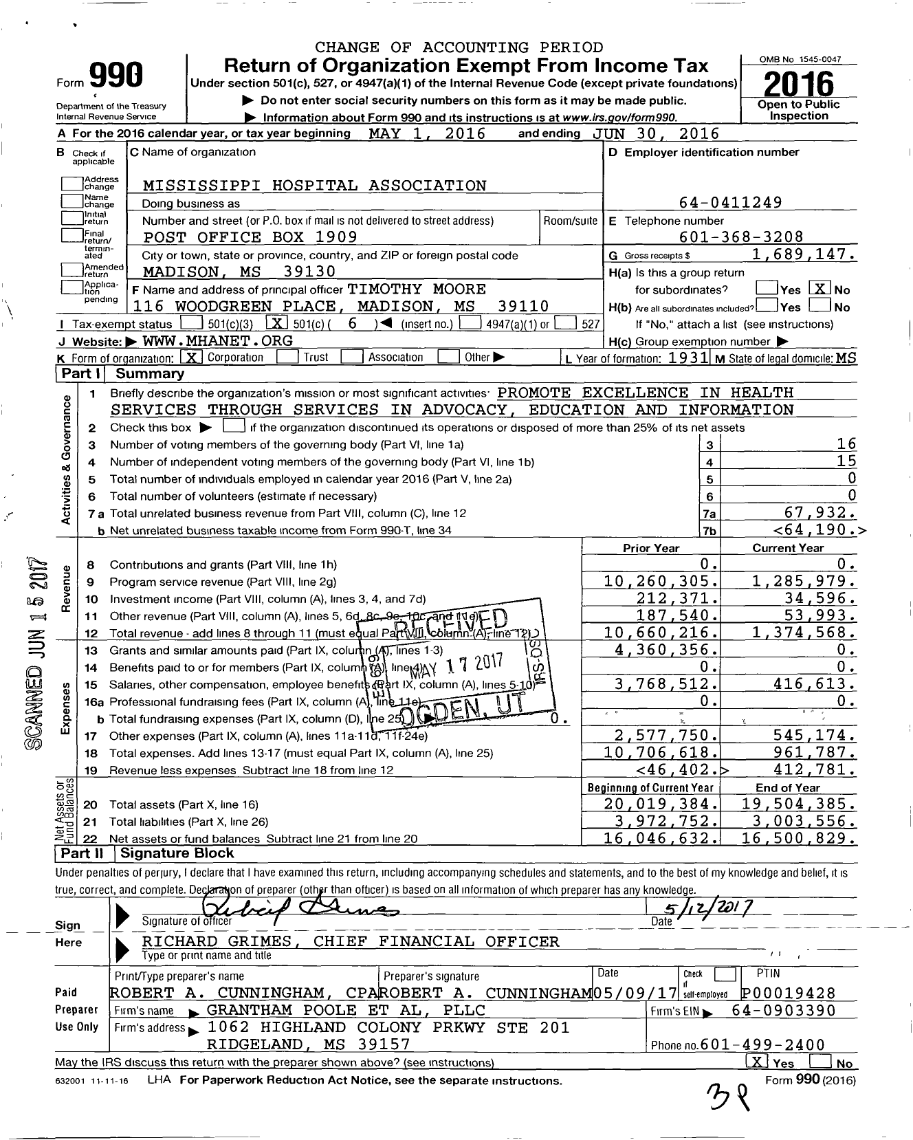Image of first page of 2015 Form 990O for Mississippi Hospital Association