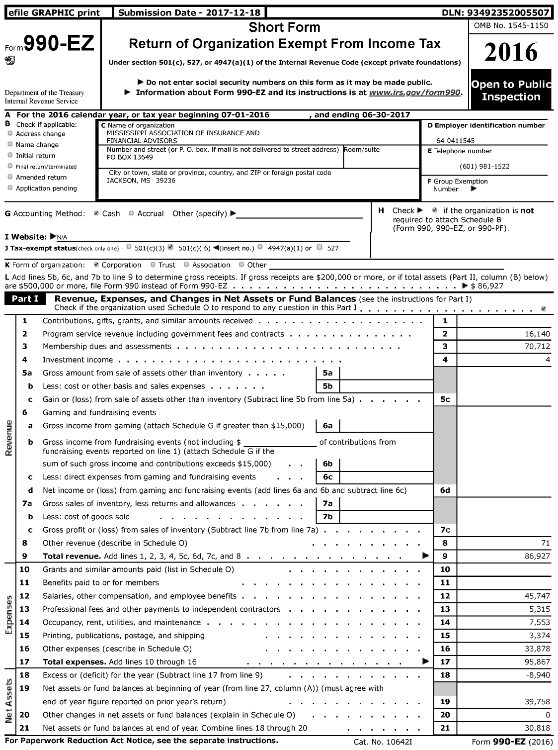Image of first page of 2016 Form 990EZ for Mississippi Association of Insurance and Financial Advisors