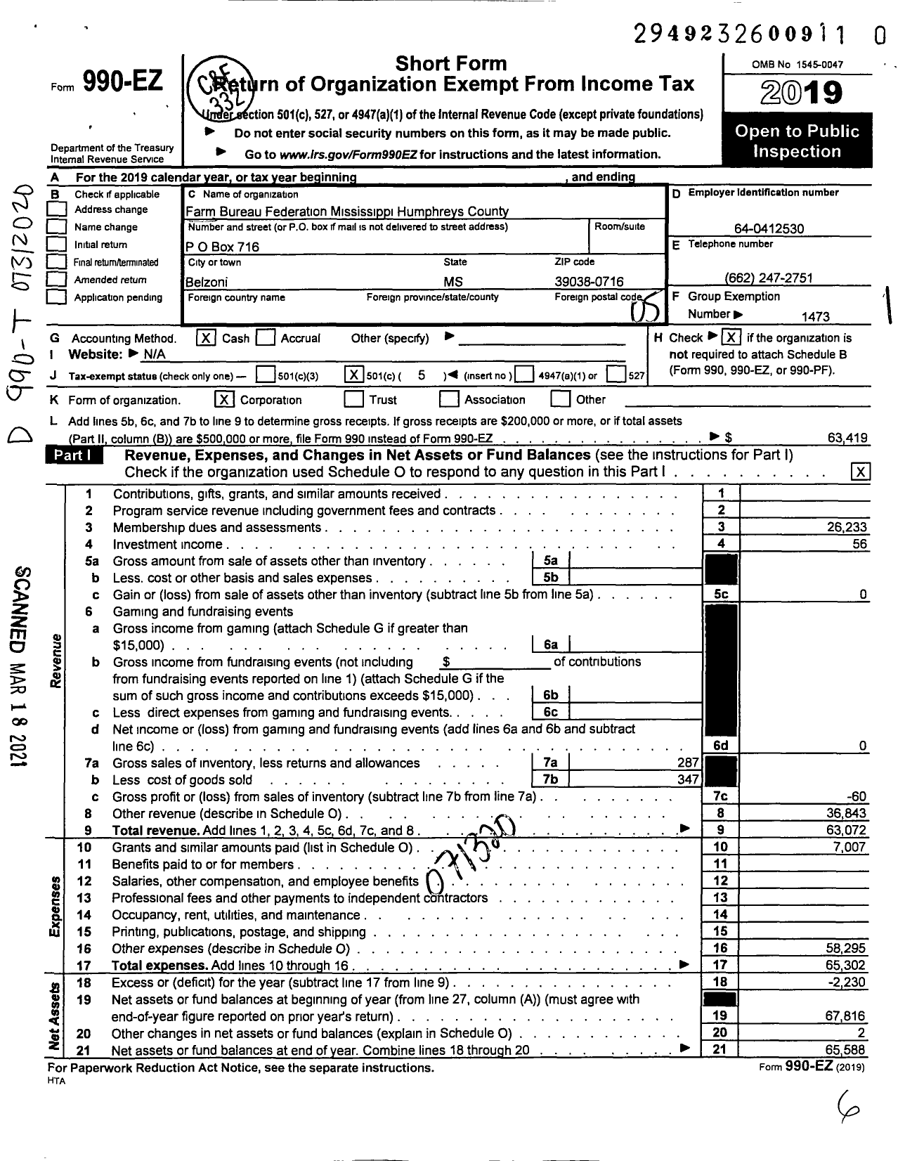 Image of first page of 2019 Form 990EO for Mississippi Farm Bureau Federation - Humphreys County