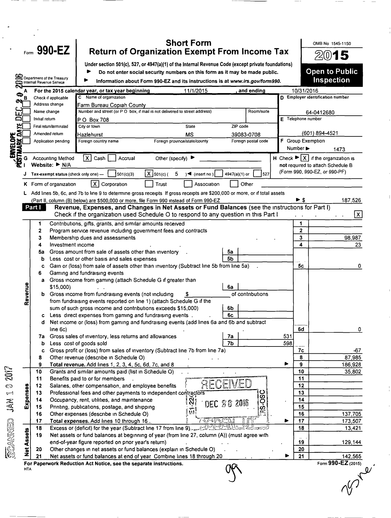 Image of first page of 2015 Form 990EO for Mississippi Farm Bureau Federation - Copiah County