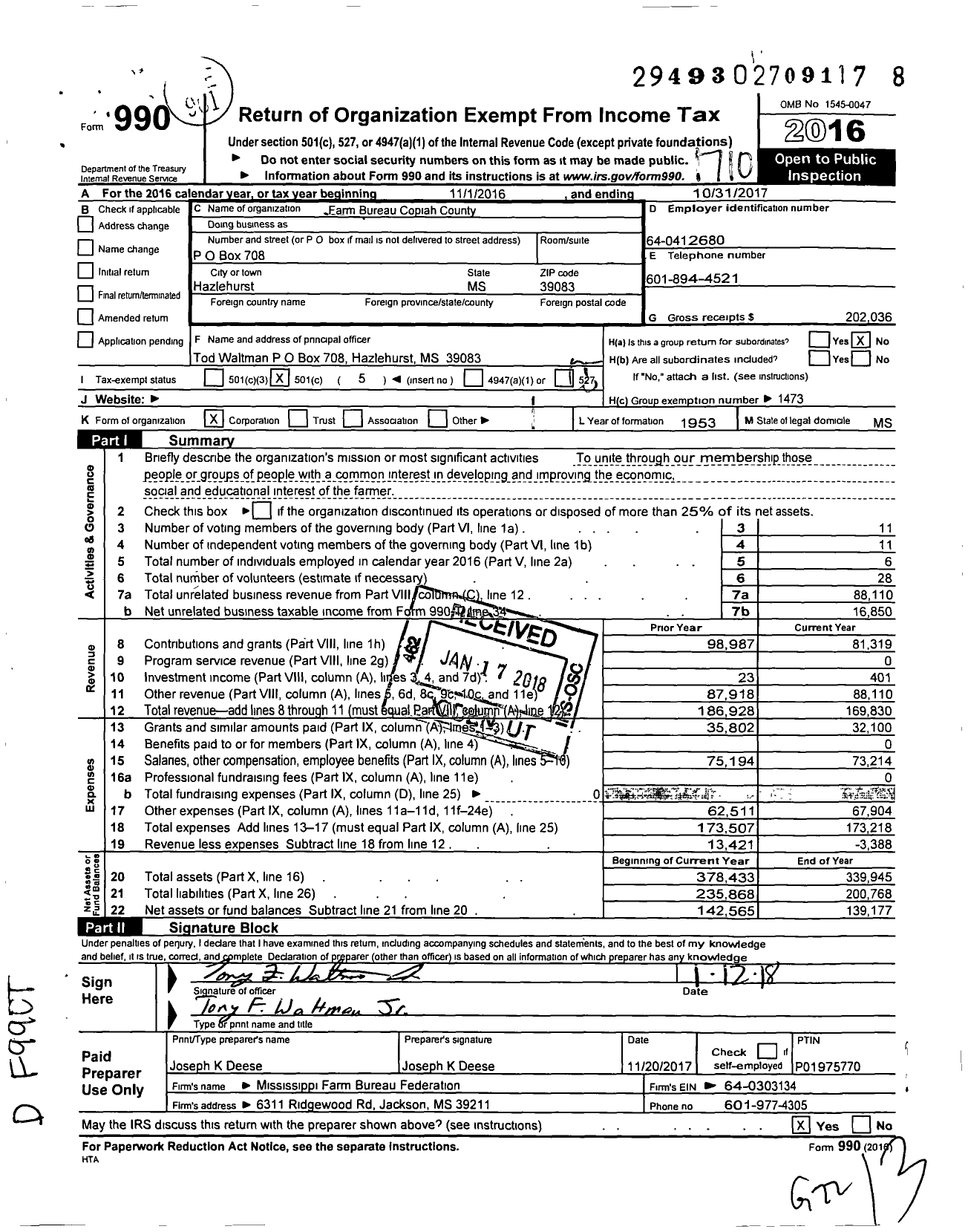 Image of first page of 2016 Form 990O for Mississippi Farm Bureau Federation - Copiah County