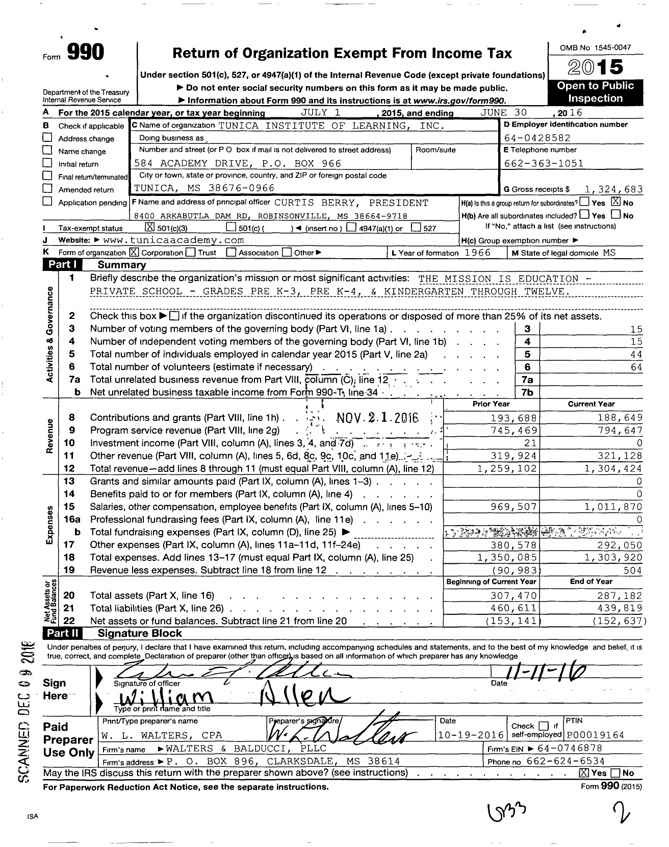 Image of first page of 2015 Form 990 for Tunica Academy