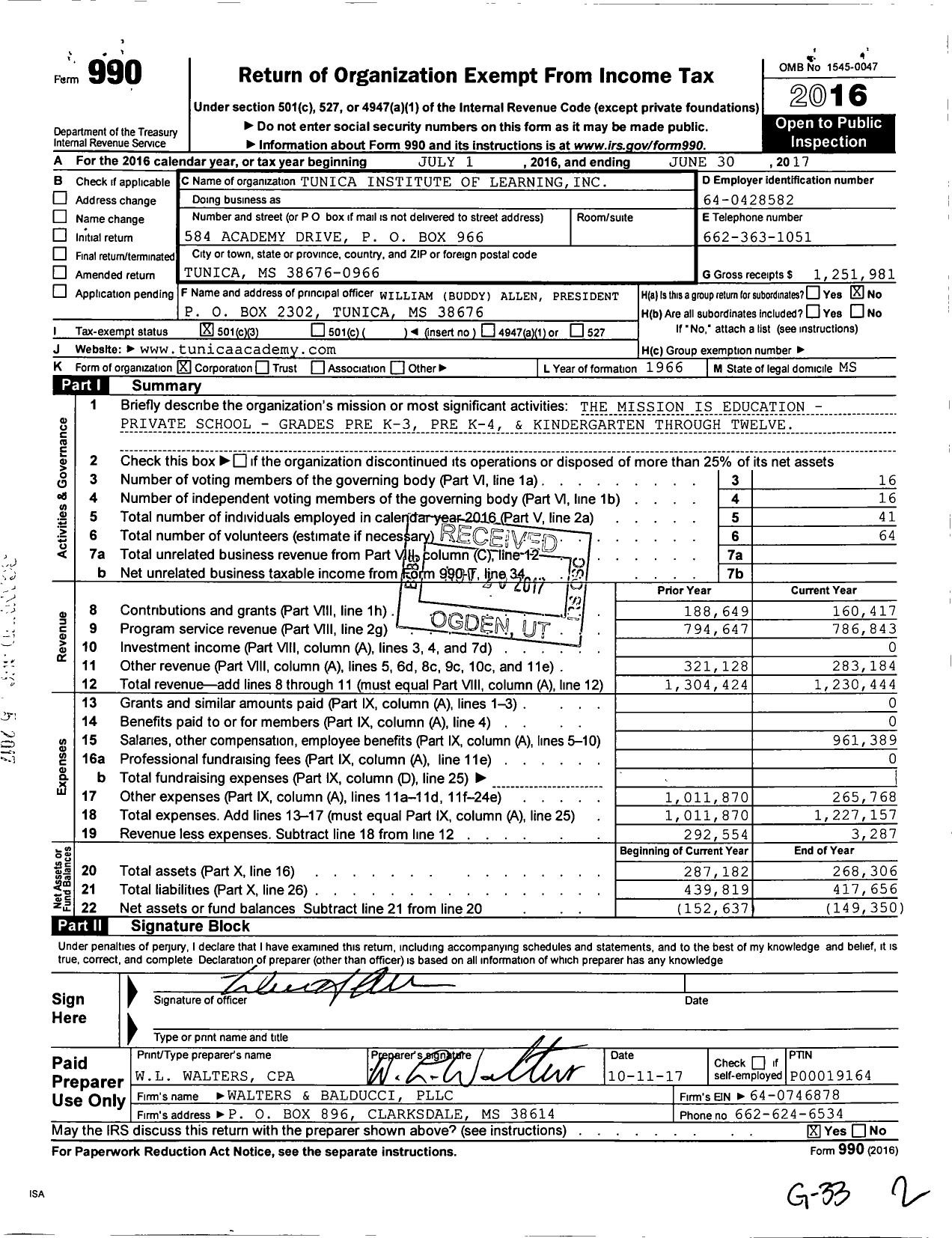 Image of first page of 2016 Form 990 for Tunica Academy