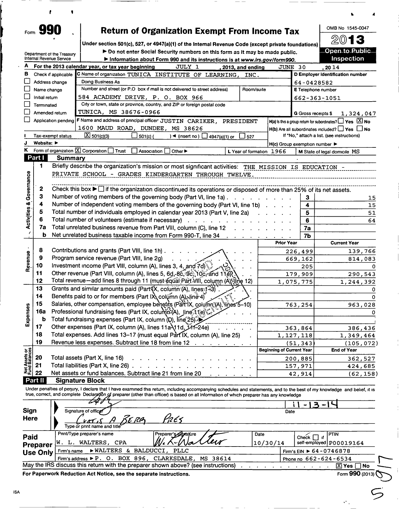 Image of first page of 2013 Form 990 for Tunica Academy