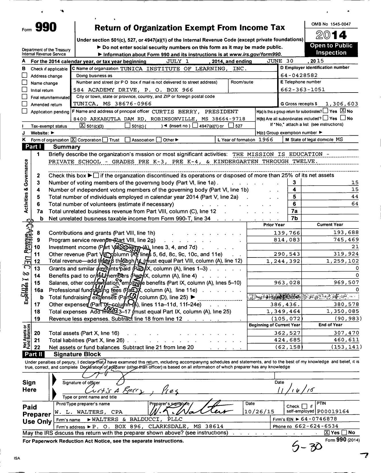 Image of first page of 2014 Form 990 for Tunica Academy