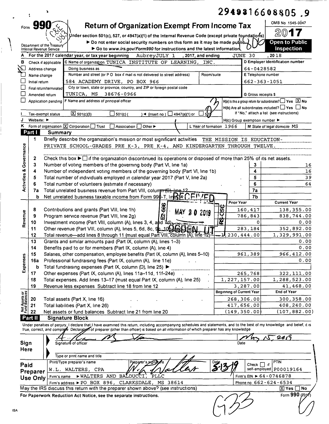 Image of first page of 2017 Form 990 for Tunica Academy