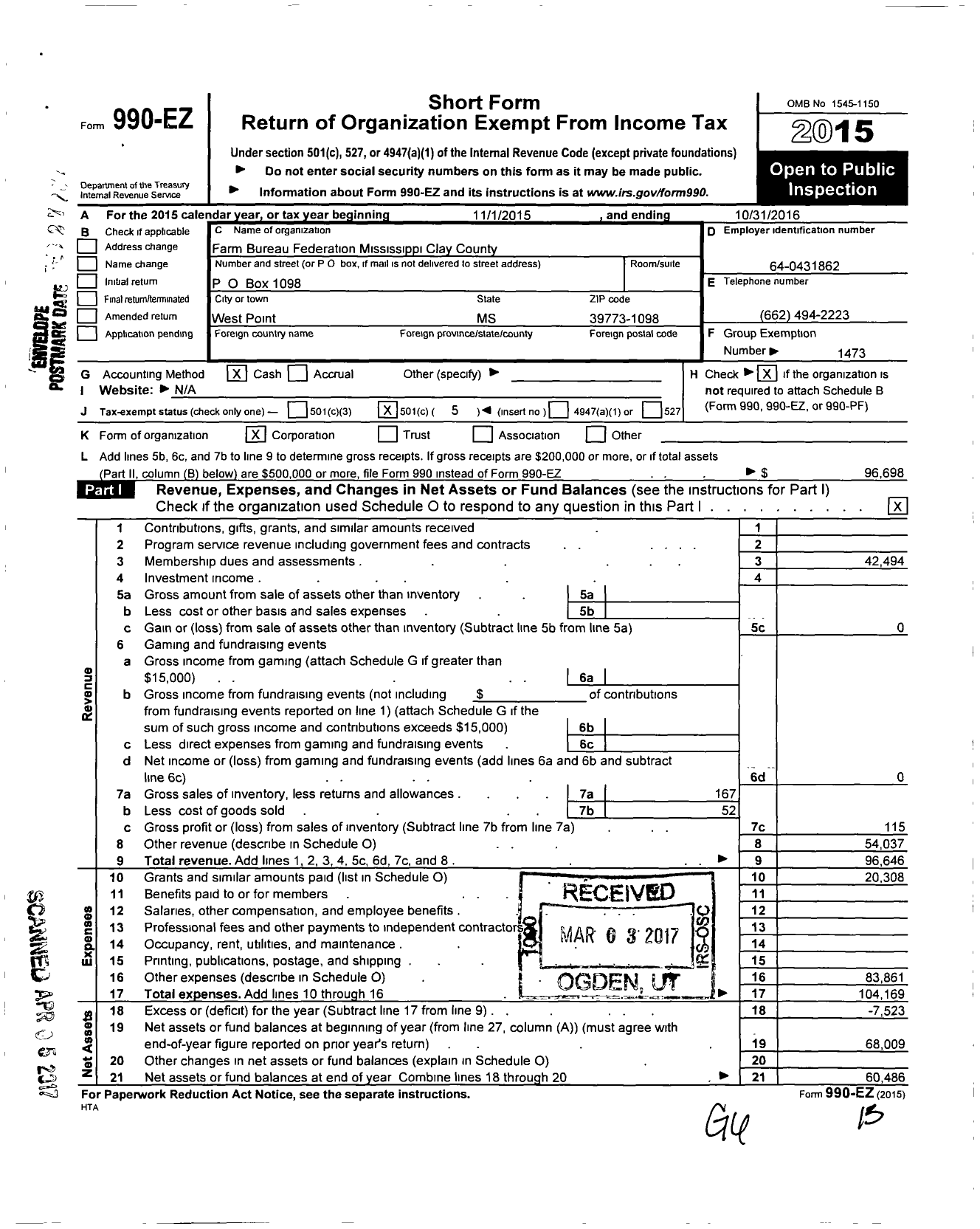 Image of first page of 2015 Form 990EO for Mississippi Farm Bureau Federation - Clay County