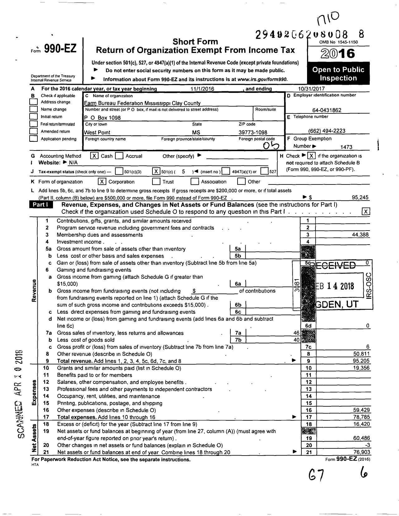 Image of first page of 2016 Form 990EO for Mississippi Farm Bureau Federation - Clay County