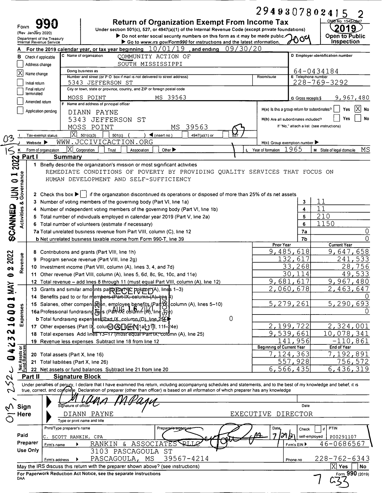 Image of first page of 2019 Form 990 for Community Action of South Mississippi (JCCAC)