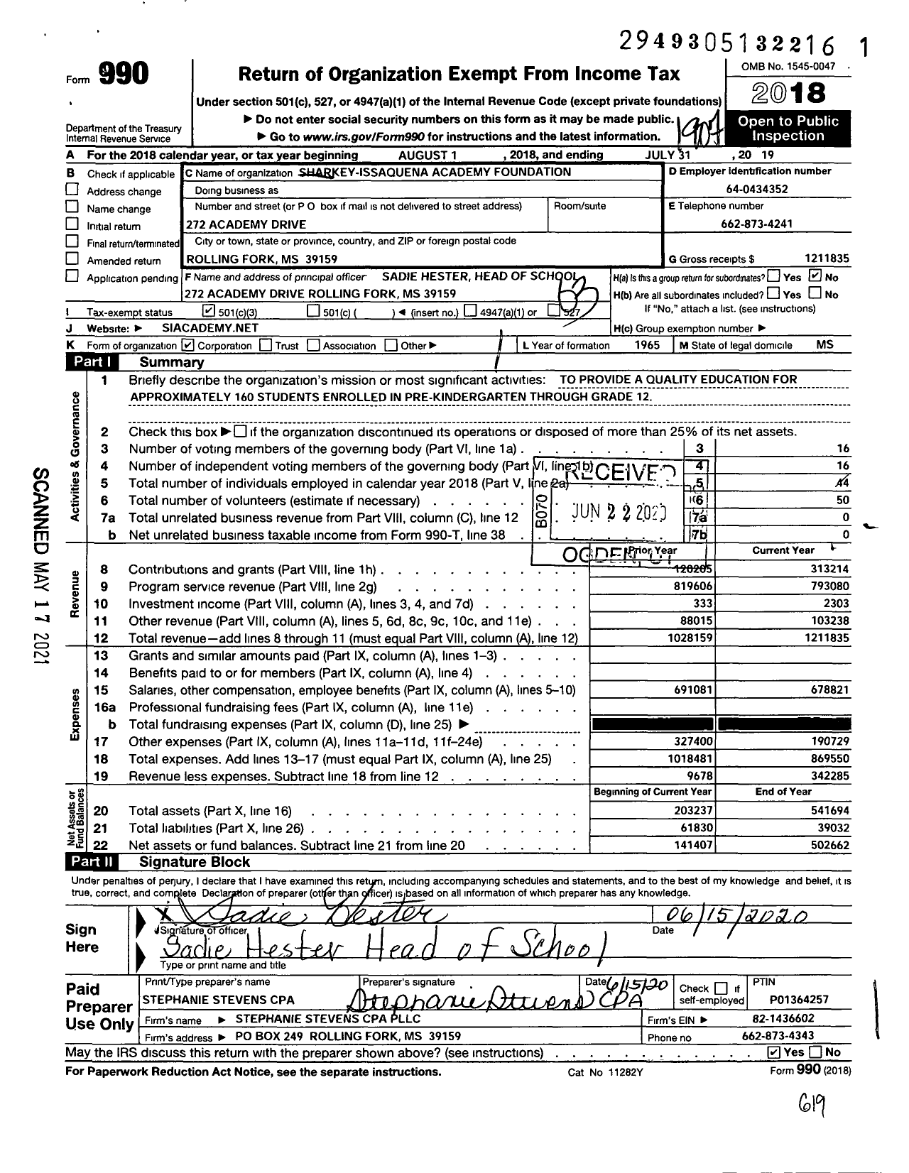 Image of first page of 2018 Form 990 for Sharkey-Issaquena Academy Foundation