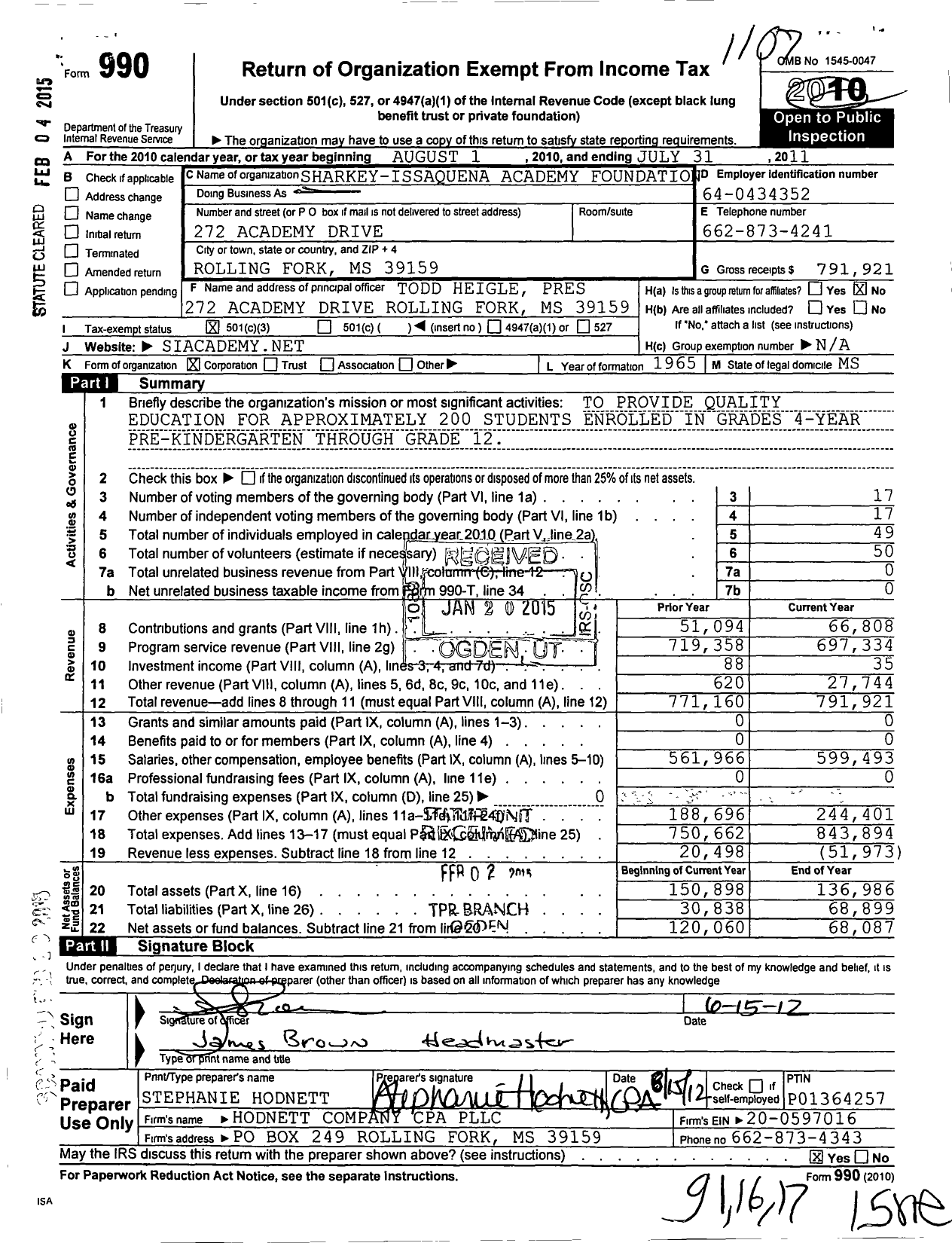 Image of first page of 2010 Form 990 for Sharkey-Issaquena Academy Foundation
