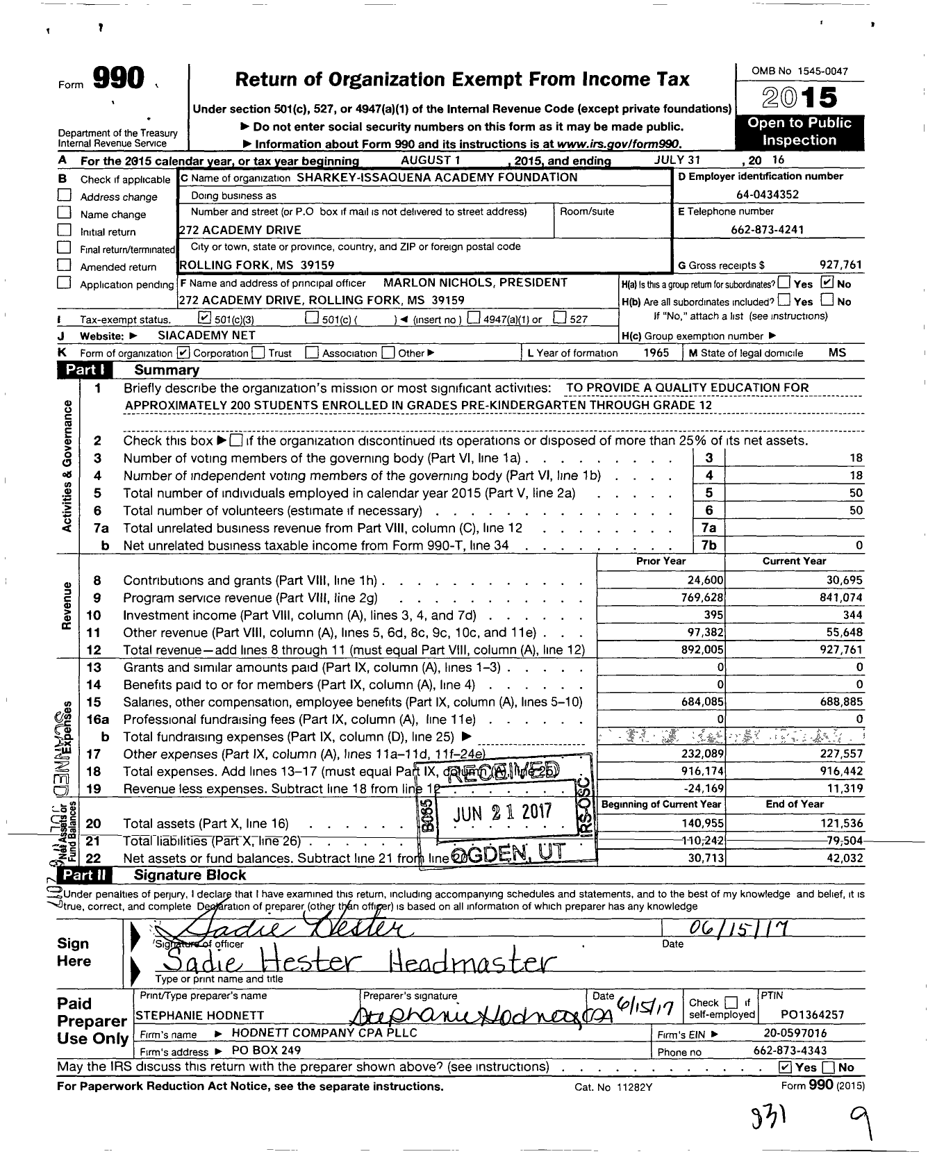 Image of first page of 2015 Form 990 for Sharkey-Issaquena Academy Foundation