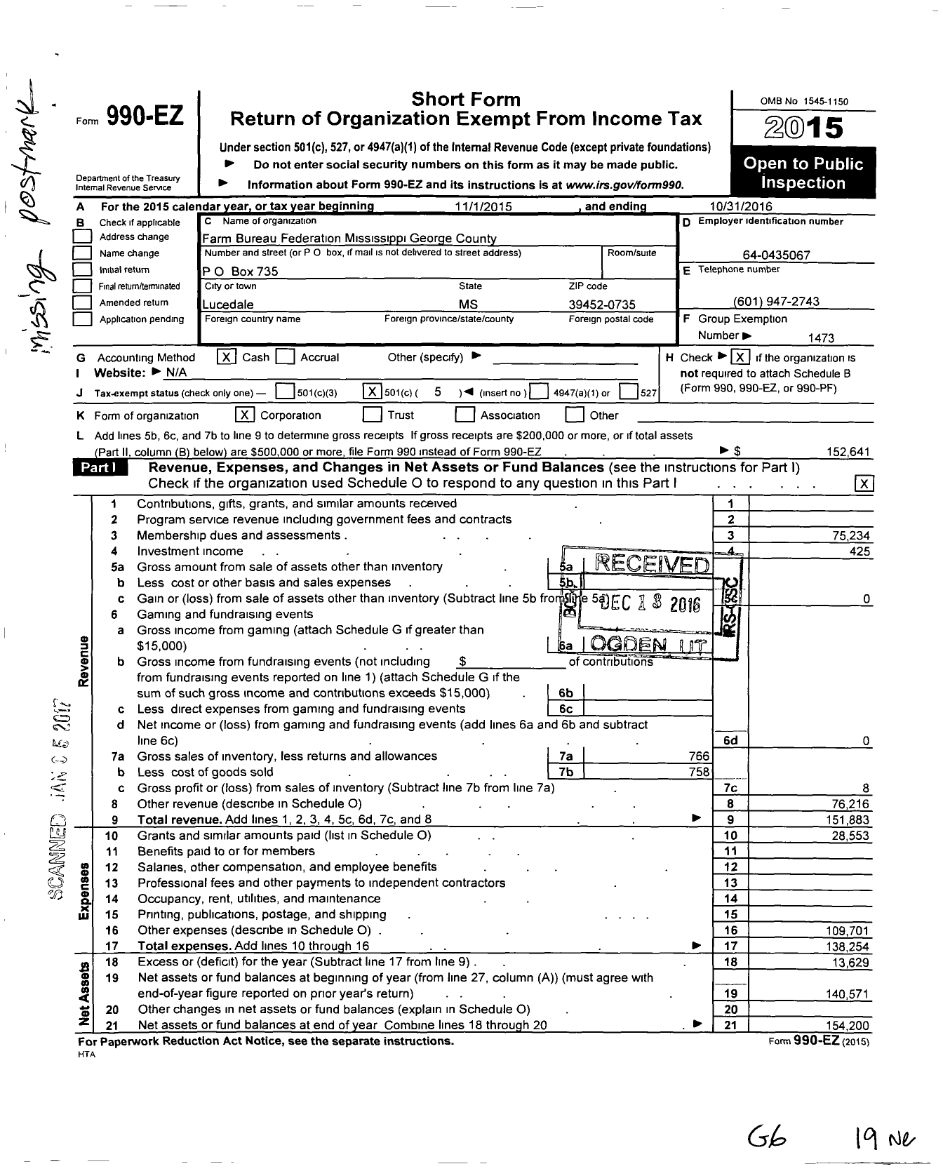 Image of first page of 2015 Form 990EO for Mississippi Farm Bureau Federation - George County