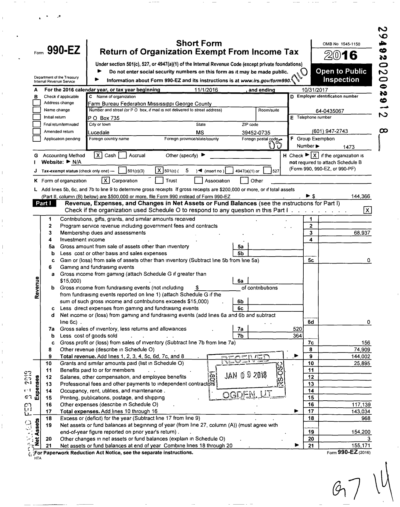 Image of first page of 2016 Form 990EO for Mississippi Farm Bureau Federation - George County