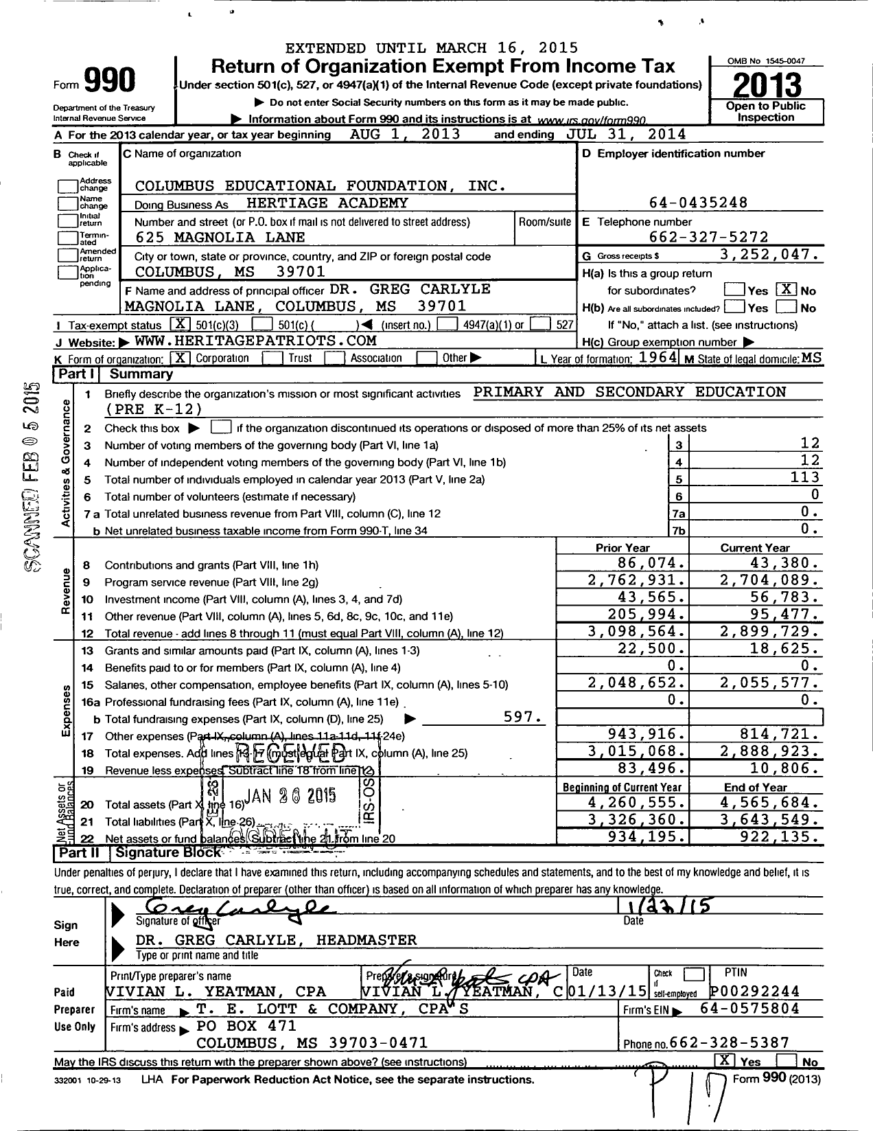 Image of first page of 2013 Form 990 for Hertiage Academy