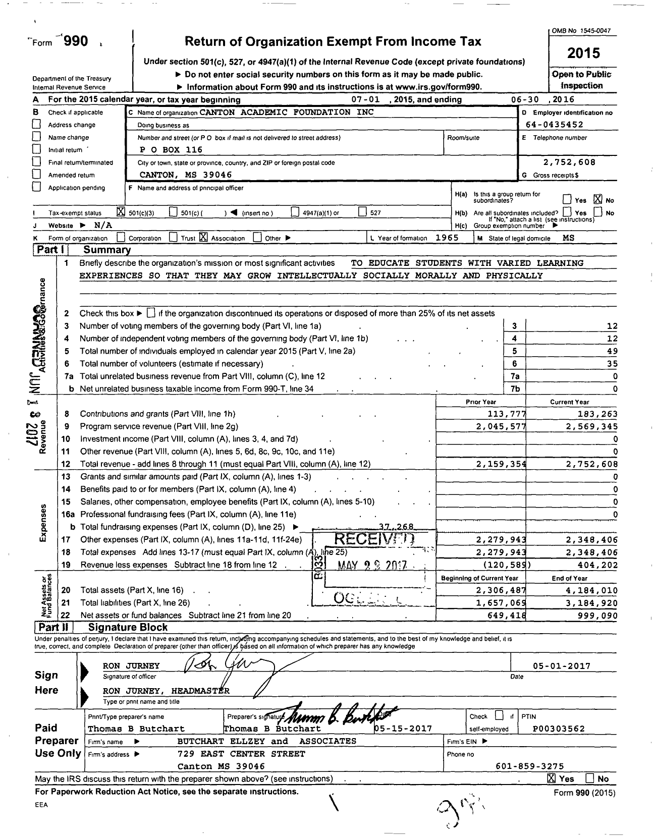 Image of first page of 2015 Form 990 for Canton Academic Foundation