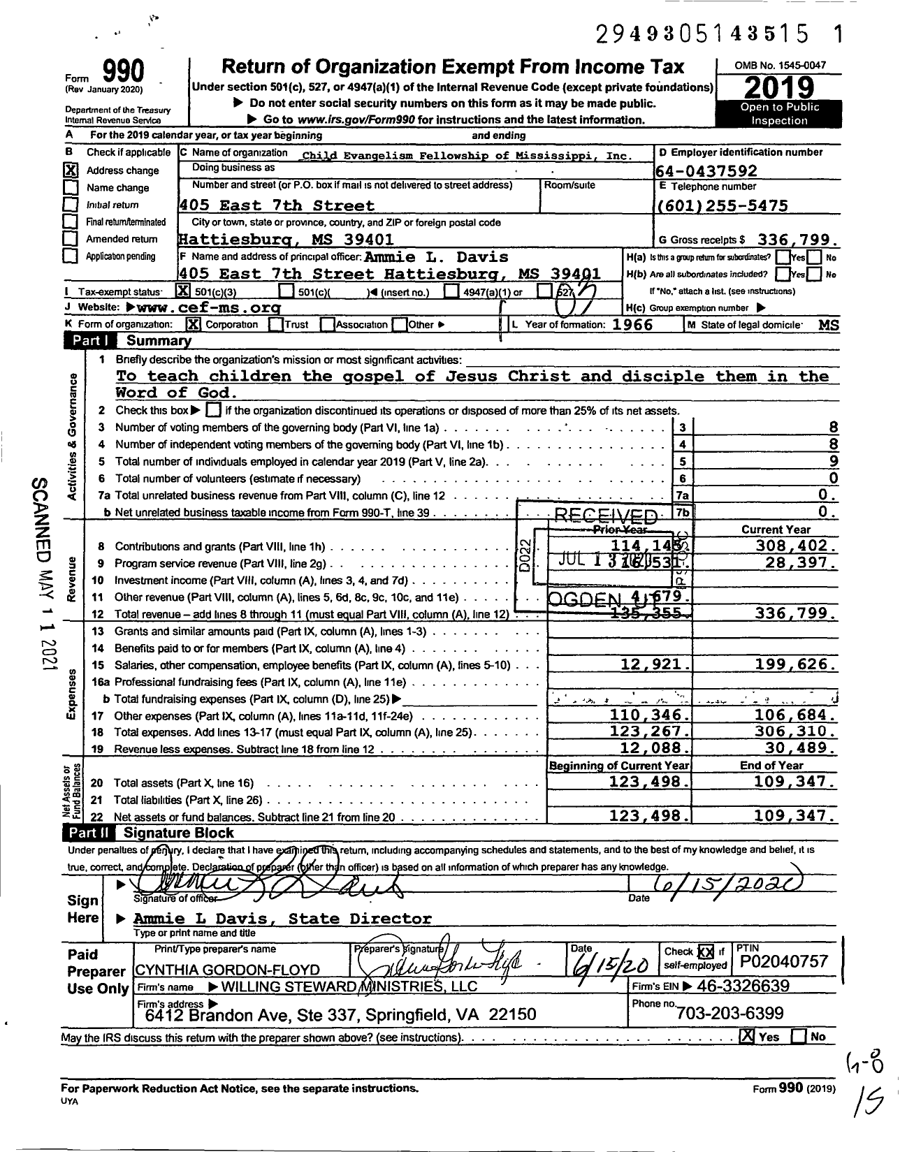 Image of first page of 2019 Form 990 for Child Evangelism Fellowship - Mississippi Chapter