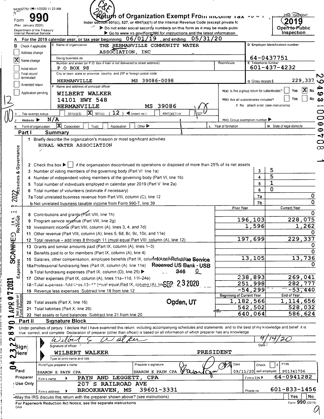 Image of first page of 2019 Form 990O for The Hermanville Community Water Association