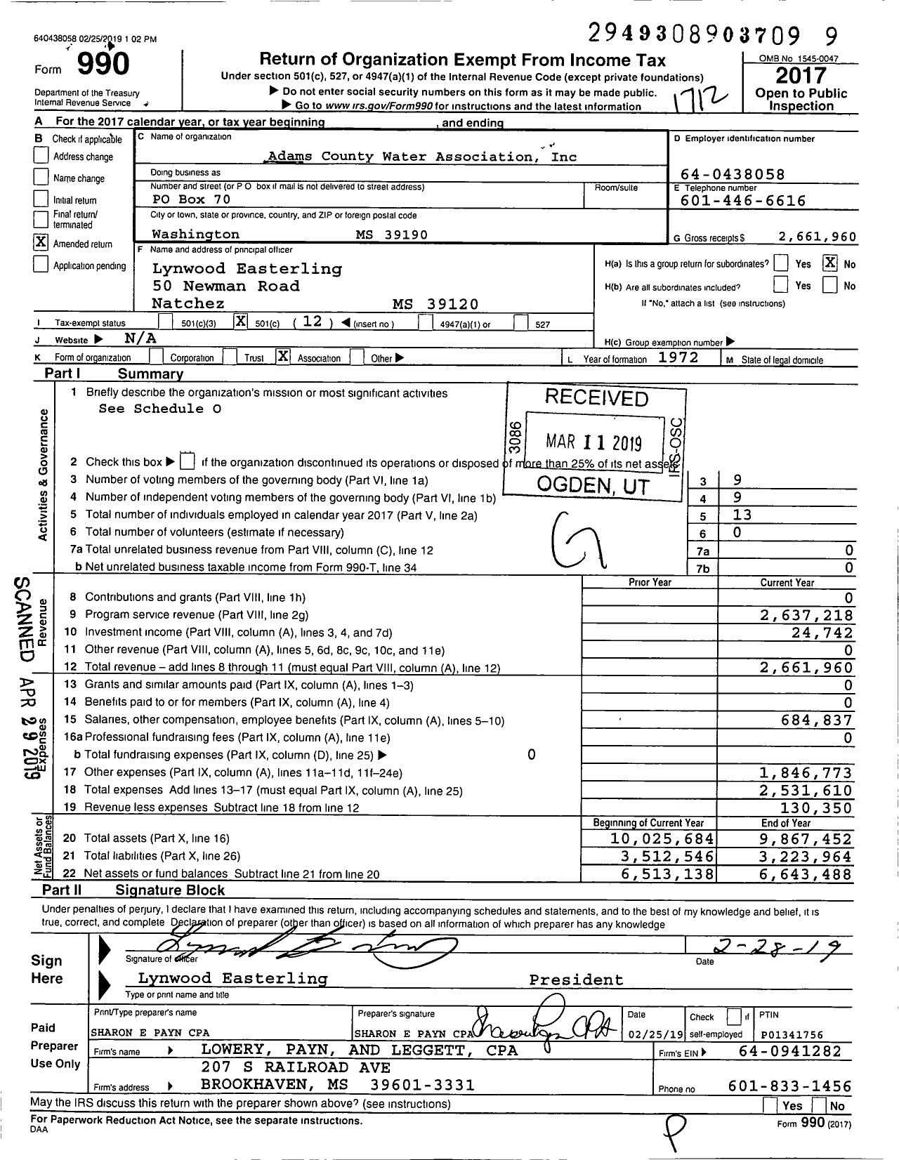 Image of first page of 2017 Form 990O for Adams County Water Association