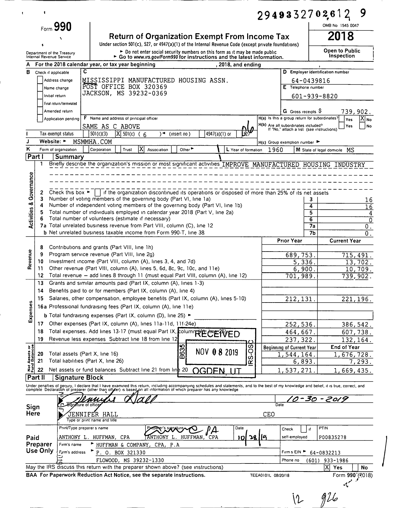 Image of first page of 2018 Form 990O for Mississippi Manufactured Housing Association