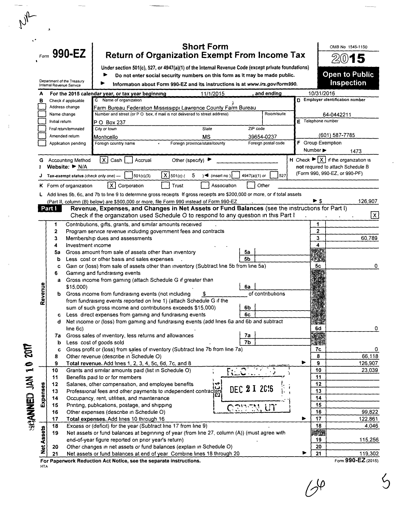 Image of first page of 2015 Form 990EO for Mississippi Farm Bureau Federation - Lawrence County Farm Bureau