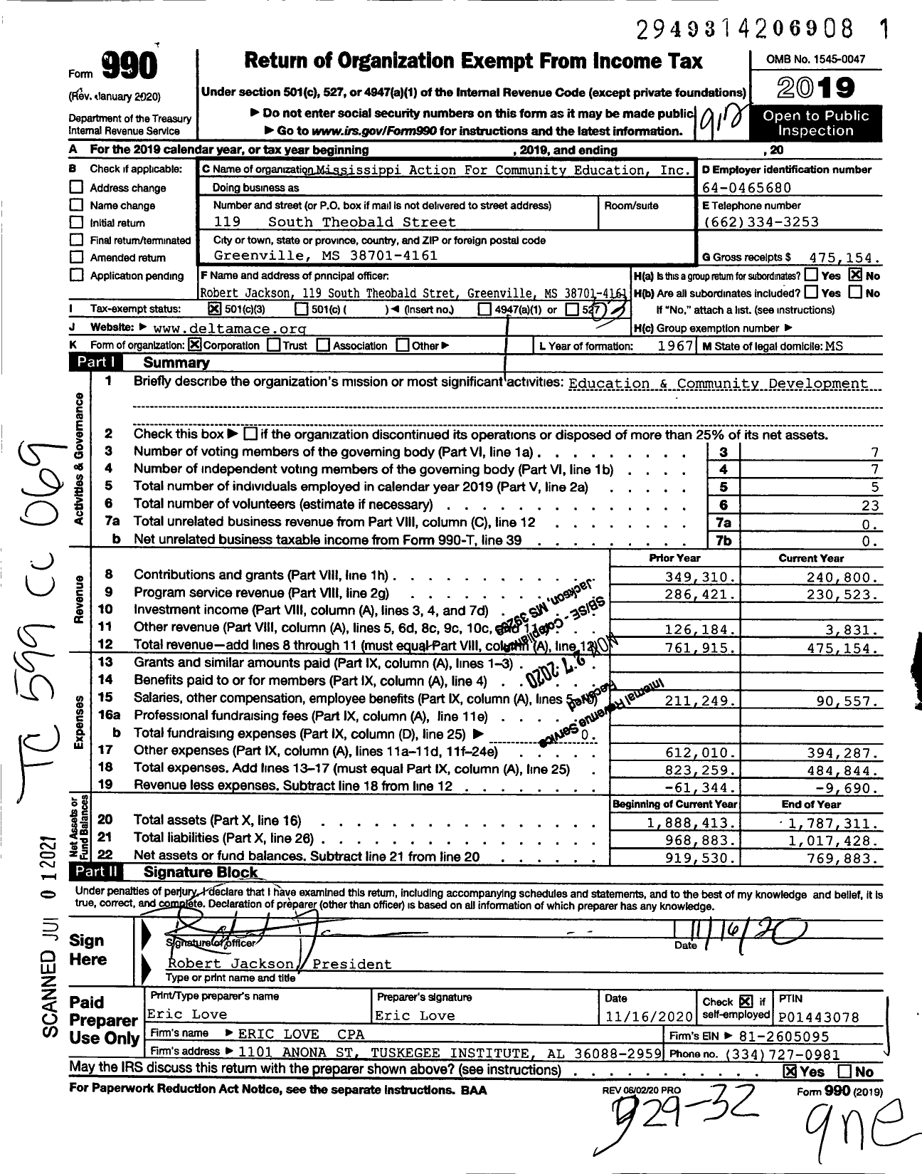 Image of first page of 2019 Form 990 for Mississippi Action For Community Education