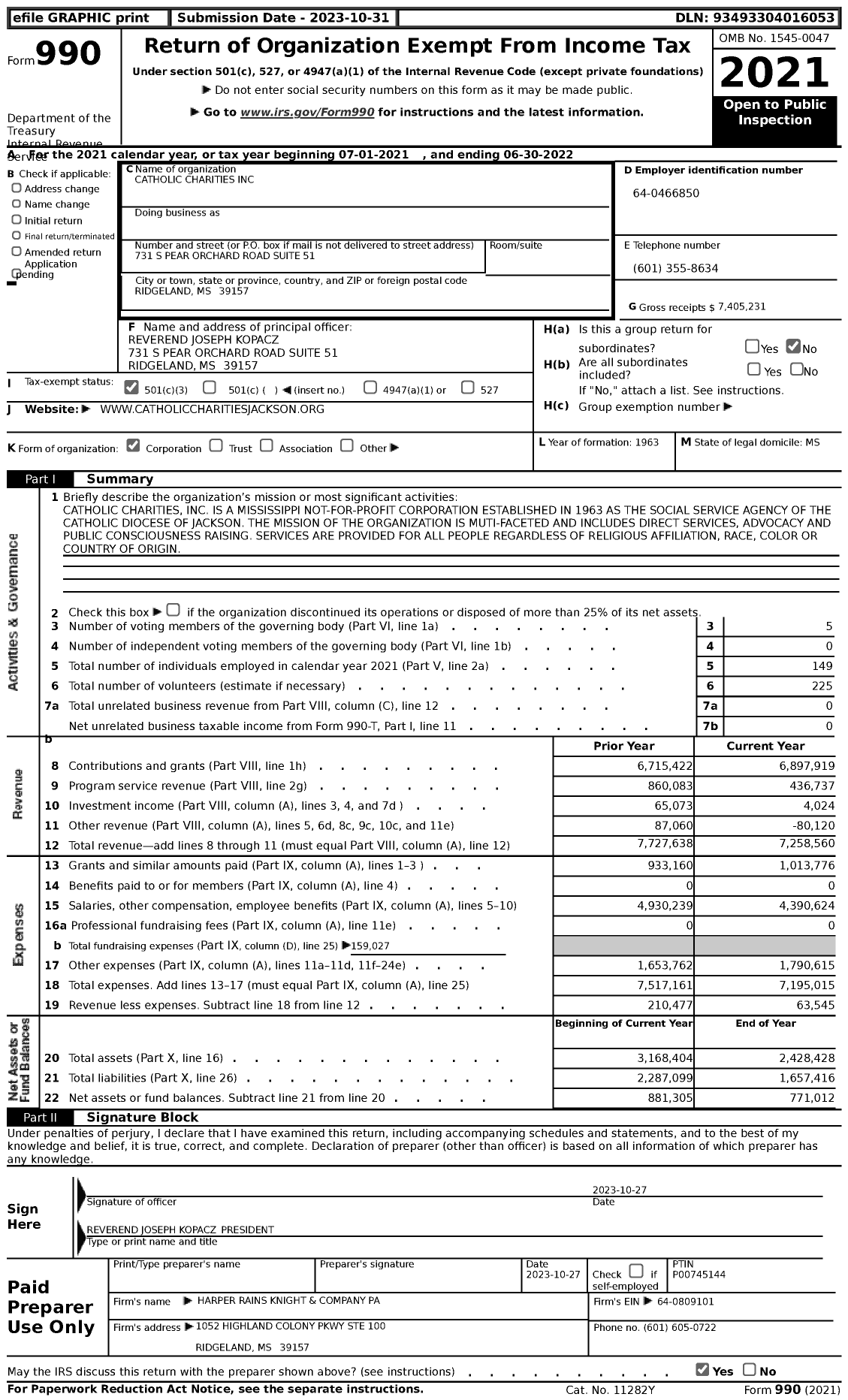 Image of first page of 2021 Form 990 for Catholic Charities