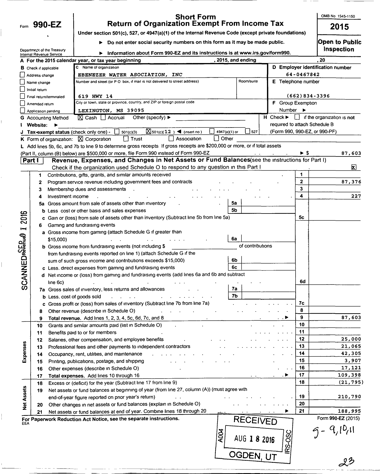 Image of first page of 2015 Form 990EO for Ebenezer Water Asociation