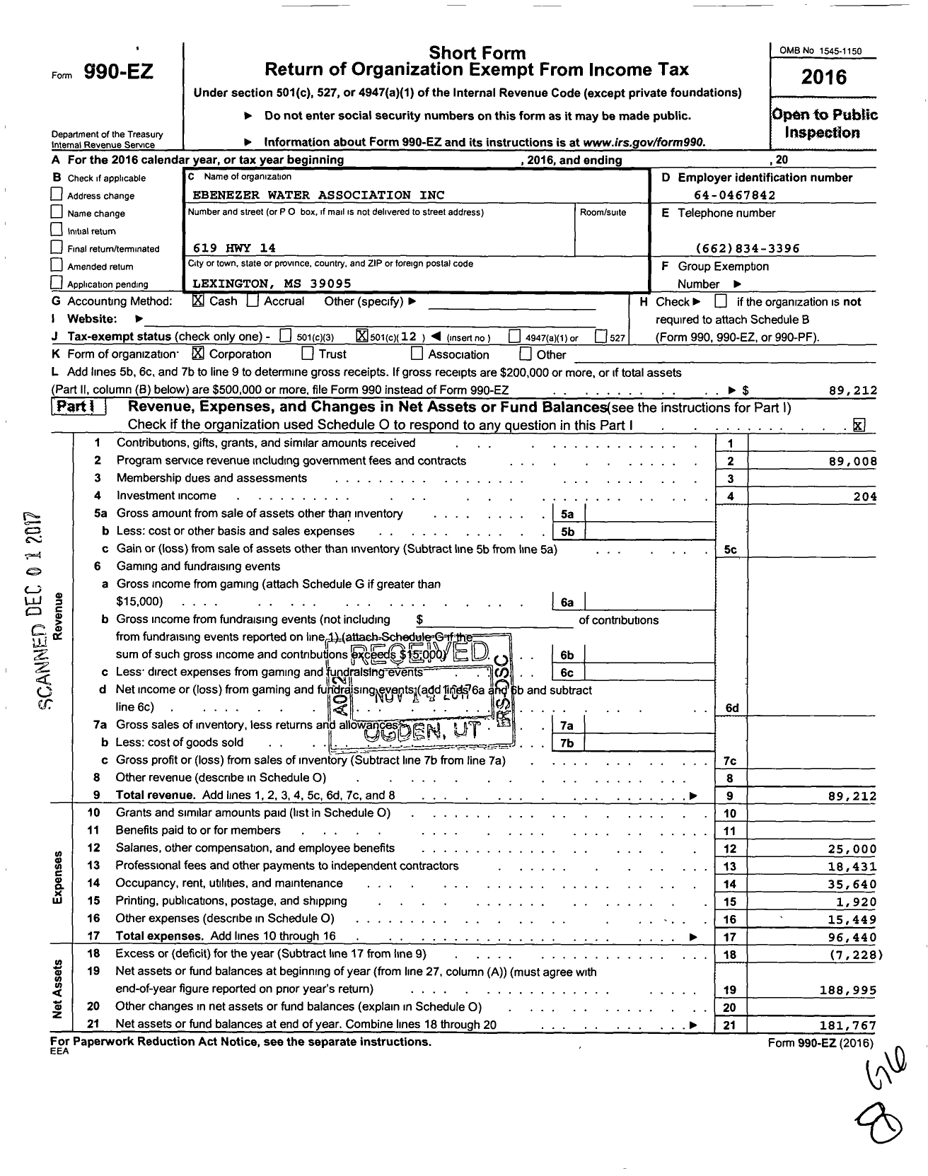 Image of first page of 2016 Form 990EO for Ebenezer Water Asociation