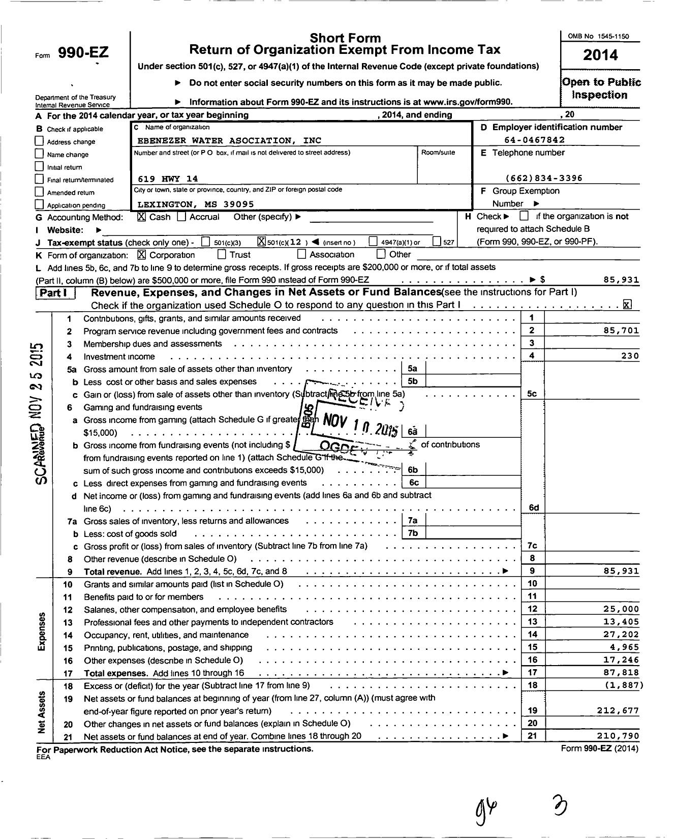 Image of first page of 2014 Form 990EO for Ebenezer Water Asociation