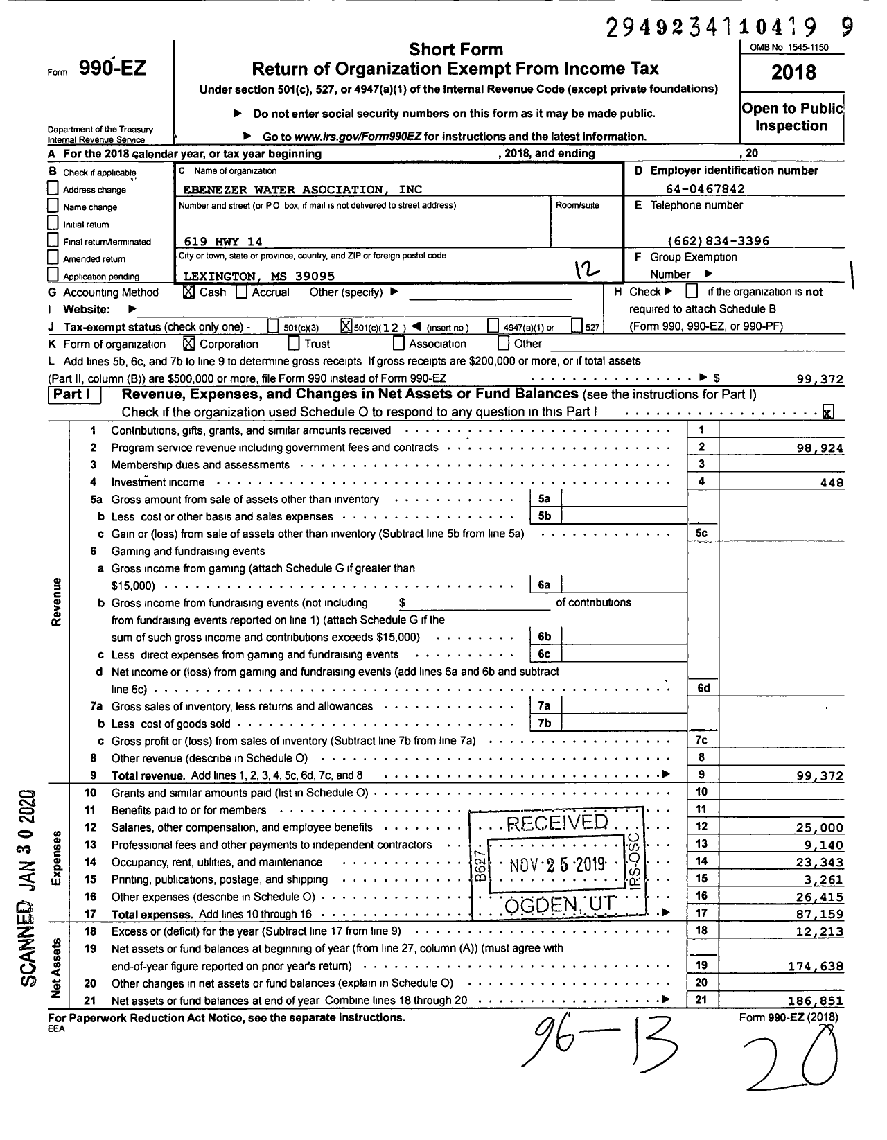 Image of first page of 2018 Form 990EO for Ebenezer Water Asociation