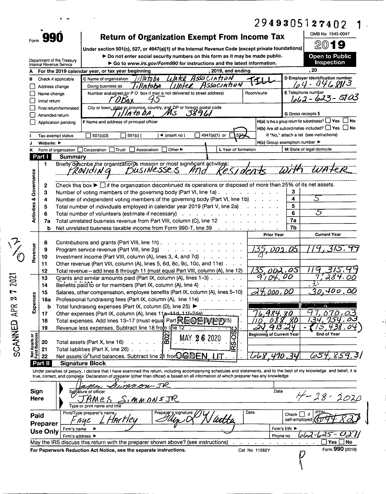 Image of first page of 2019 Form 990O for Tillatoba Water Association