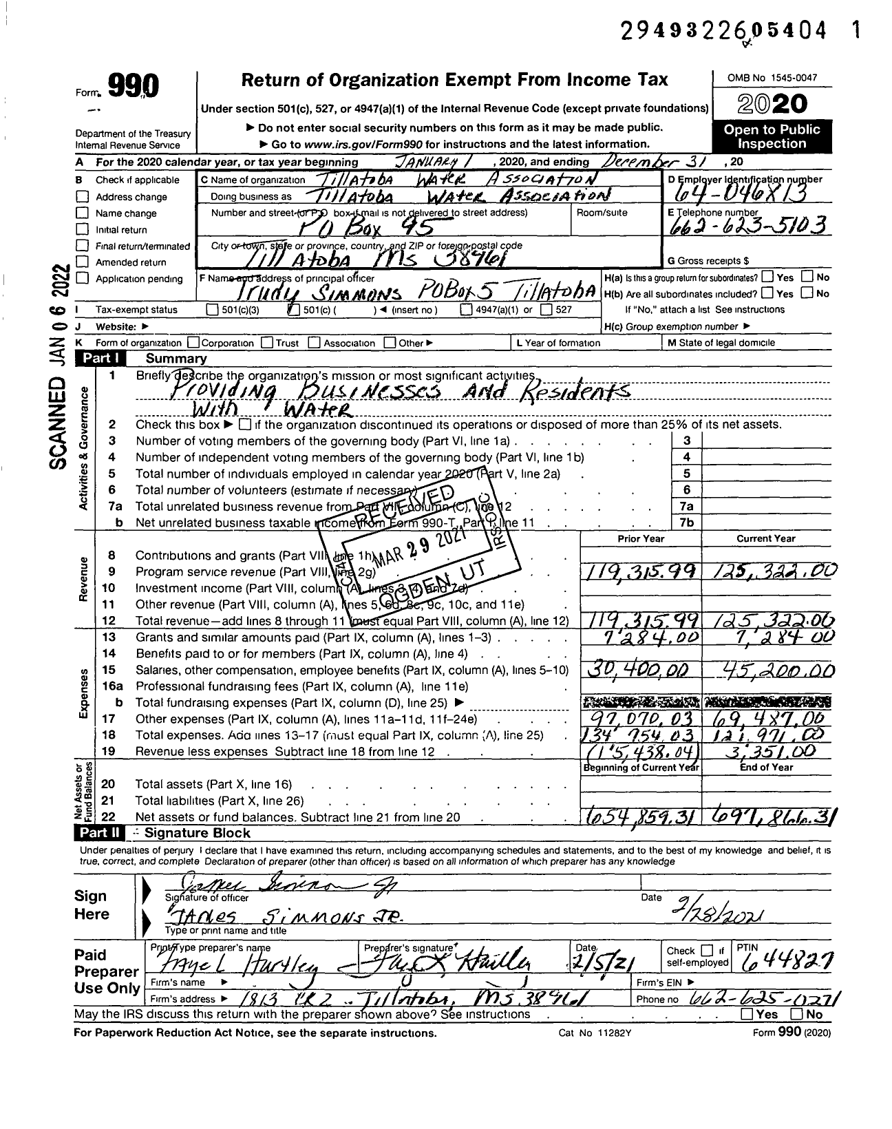 Image of first page of 2020 Form 990O for Tillatoba Water Association