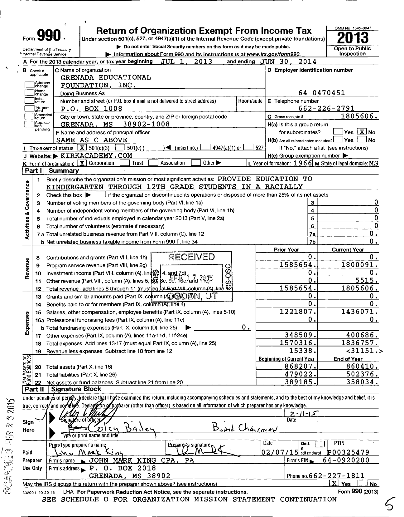 Image of first page of 2013 Form 990 for Grenada Educational Foundation