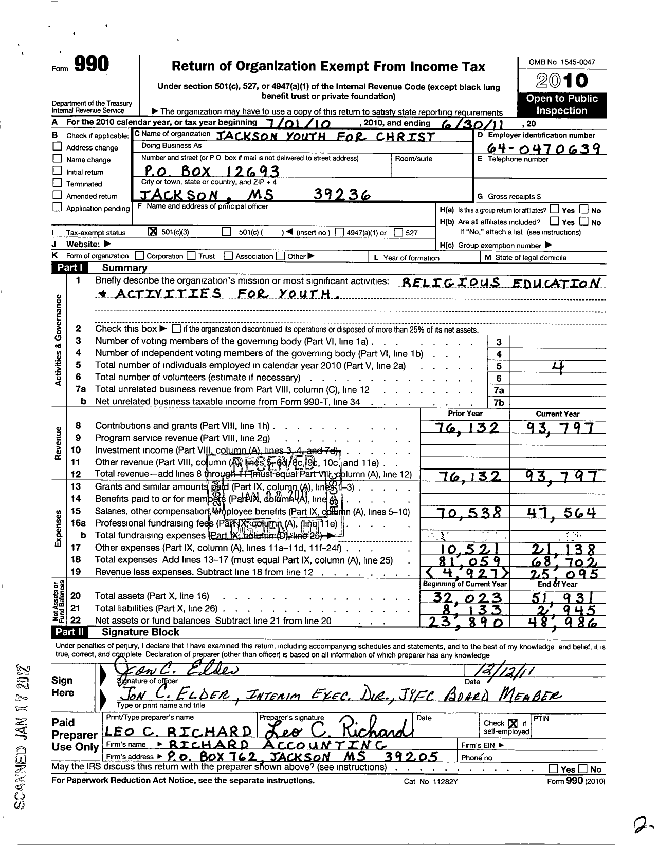 Image of first page of 2010 Form 990 for Jackson Youth for Christ